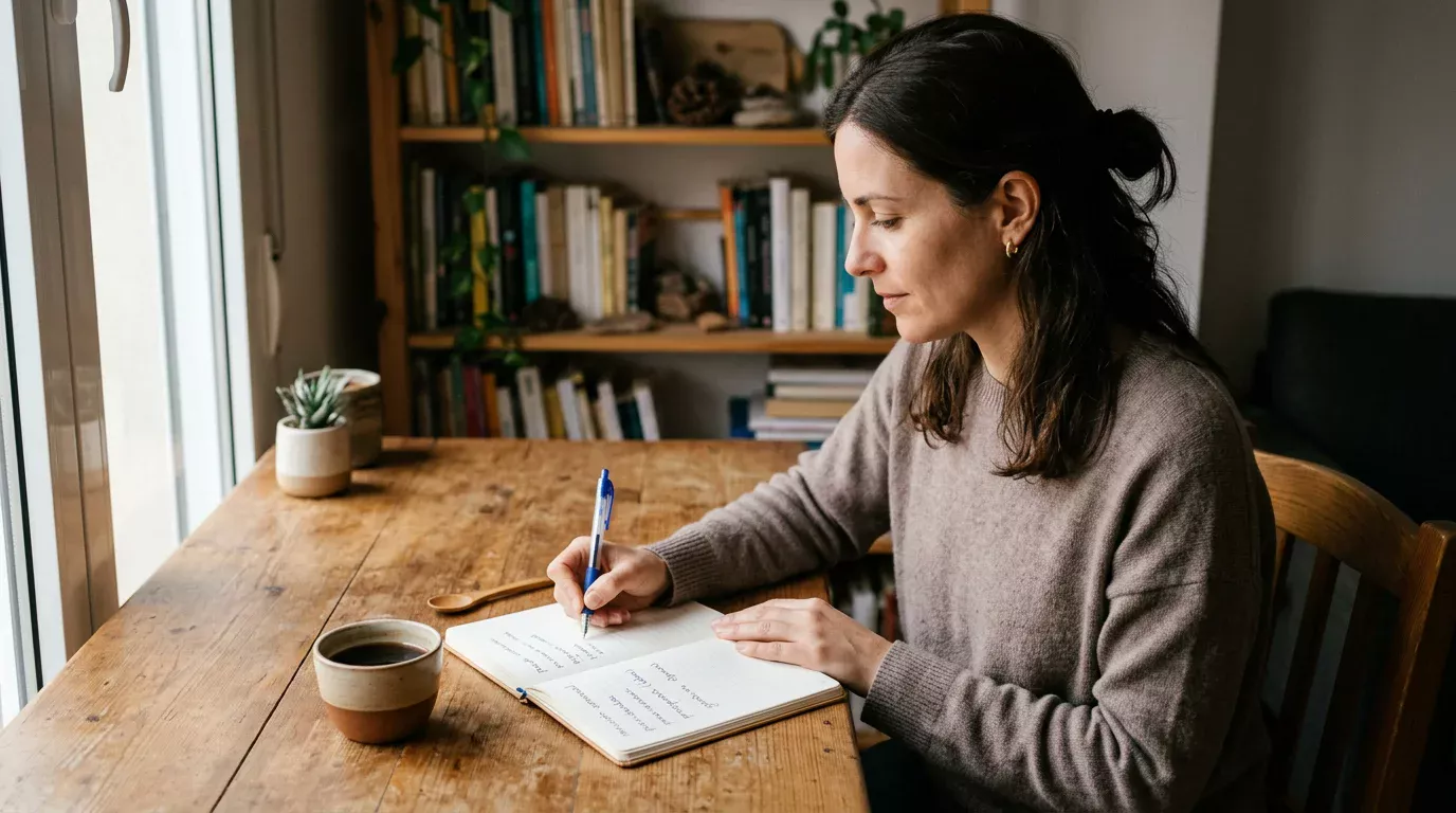 Persona revisando anotaciones en un cuaderno junto a una taza de café, gesto reflexivo